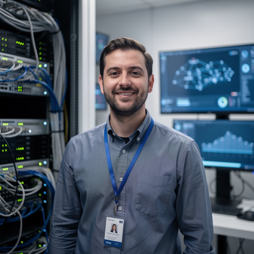 Professional portrait of a male system administrator in a clean modern office or server room environment, friendly expression, technology theme.